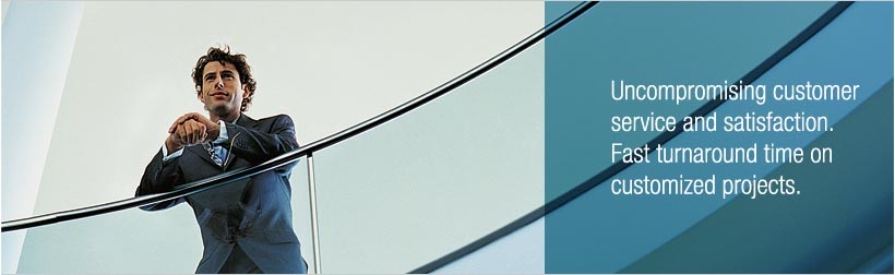 Optimistic man at a railing. Caption: Uncompromising customer service and satisfaction. Fast turnaround time on customized projects.
